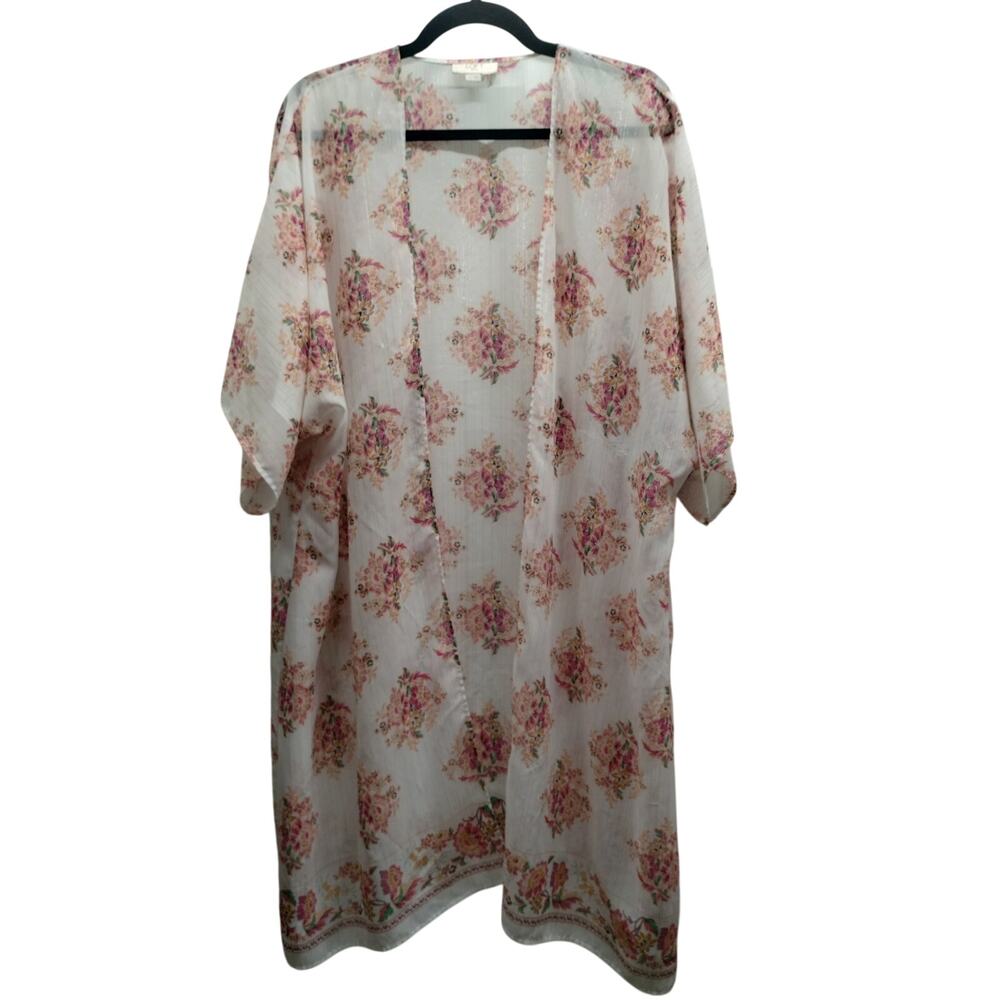 LOFT Outlet Women's Size M/L White Pink Floral Metallic Stripe Cover-Up Kimono